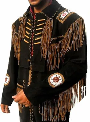 Seasonal Men's Western Suede Leather Jacket with Fringe and Beaded Native American Jacket Black