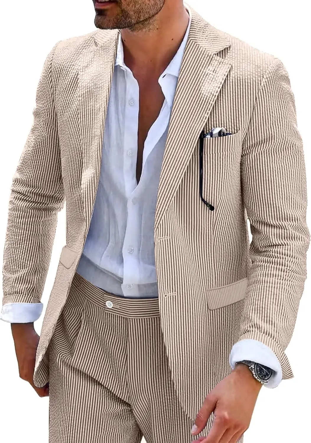 Seersucker Mens Suit 2 Piece Slim Fit Stripe Suits Tuxedo Blazer Jackets Pants Set Summer Beach Wedding Outfit for Men