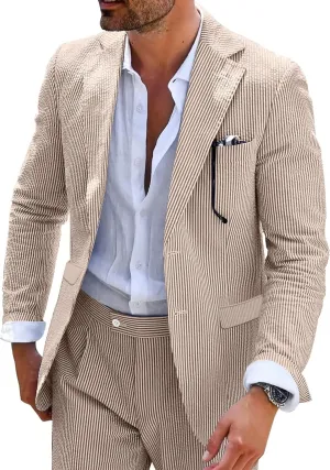 Seersucker Mens Suit 2 Piece Slim Fit Stripe Suits Tuxedo Blazer Jackets Pants Set Summer Beach Wedding Outfit for Men
