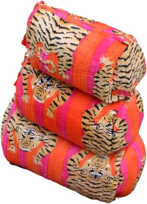 Set of 3 Pieces Indian Cotton Tiger Print Toiletry Bag Cosmetic Makeup Bags Quilted Pouches Travel Pouch Shaving Kit