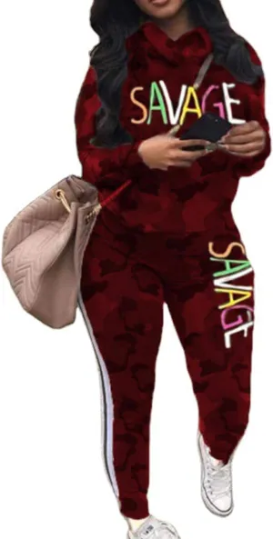 Sexyshine Women's Casual 2 Piece Camouflage Letter Print Outfits Pullover Sweatshirt Tops Long Pants Tracksuits Set Plus Size