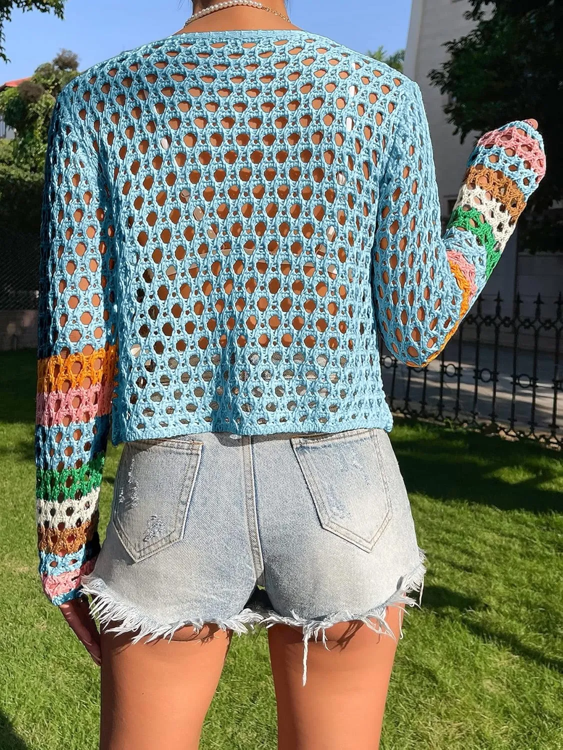 SHENHE Women's Floral Crochet Cardigan Hollow Out V Neck Button Down Long Sleeve Cropped Sweater