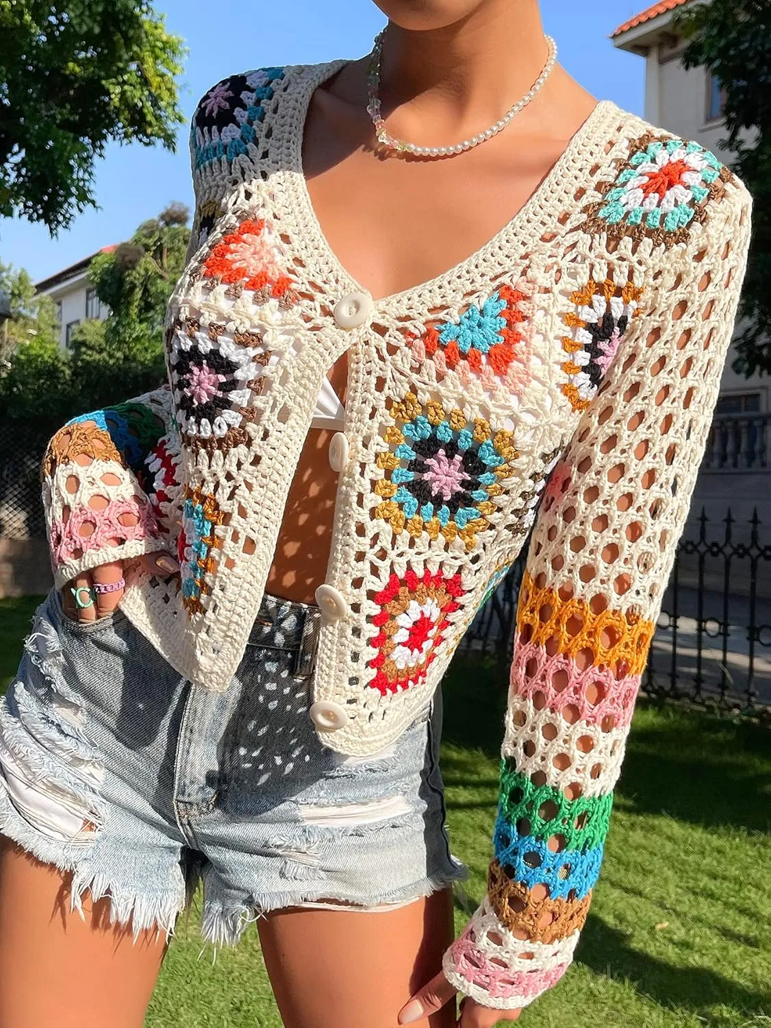 SHENHE Women's Floral Crochet Cardigan Hollow Out V Neck Button Down Long Sleeve Cropped Sweater