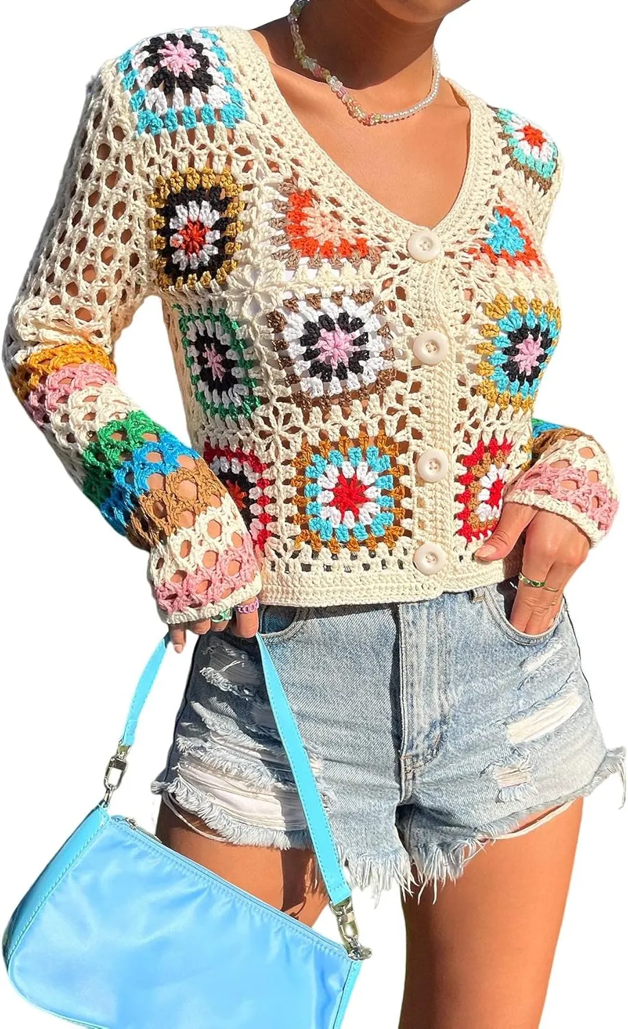 SHENHE Women's Floral Crochet Cardigan Hollow Out V Neck Button Down Long Sleeve Cropped Sweater