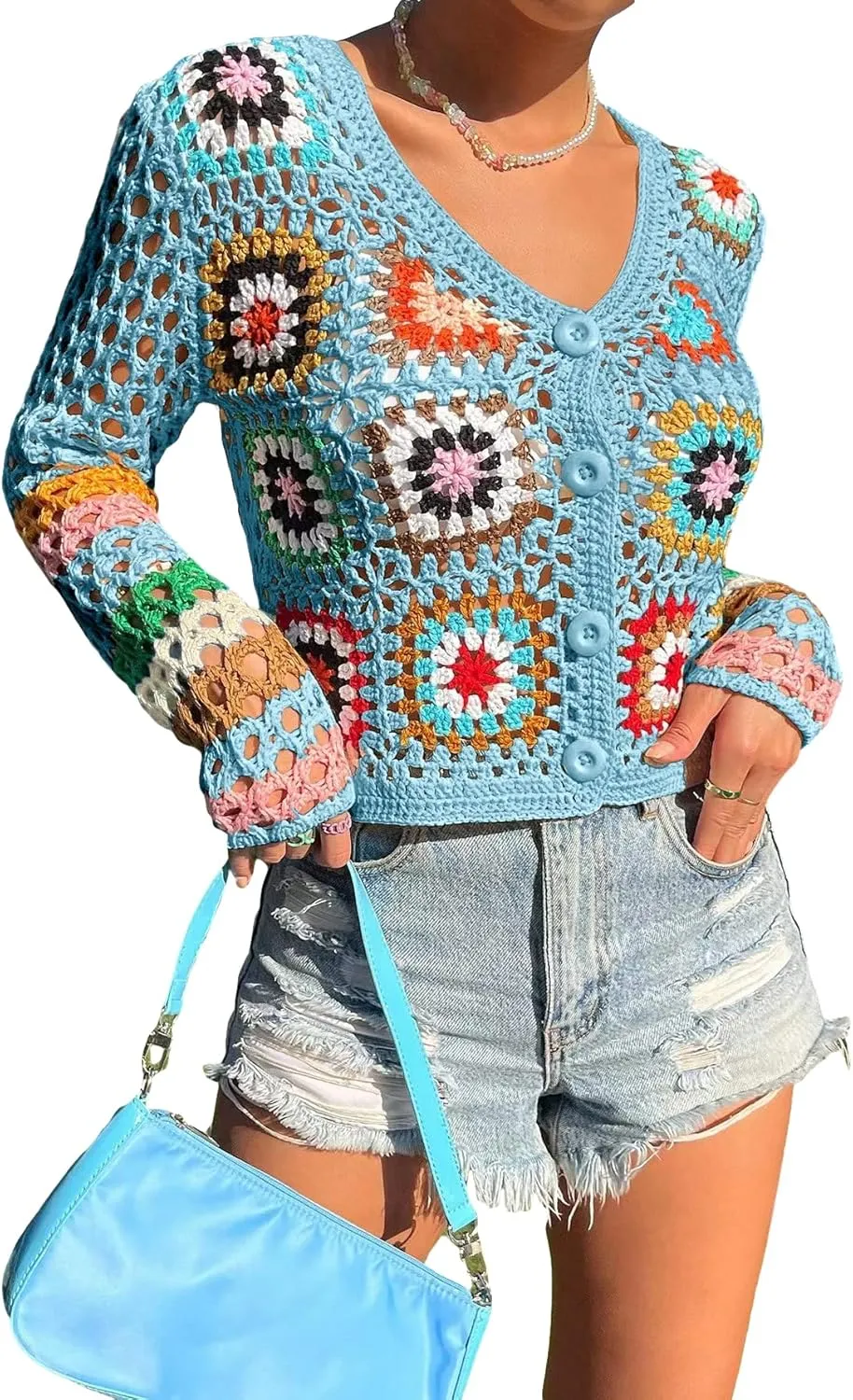 SHENHE Women's Floral Crochet Cardigan Hollow Out V Neck Button Down Long Sleeve Cropped Sweater