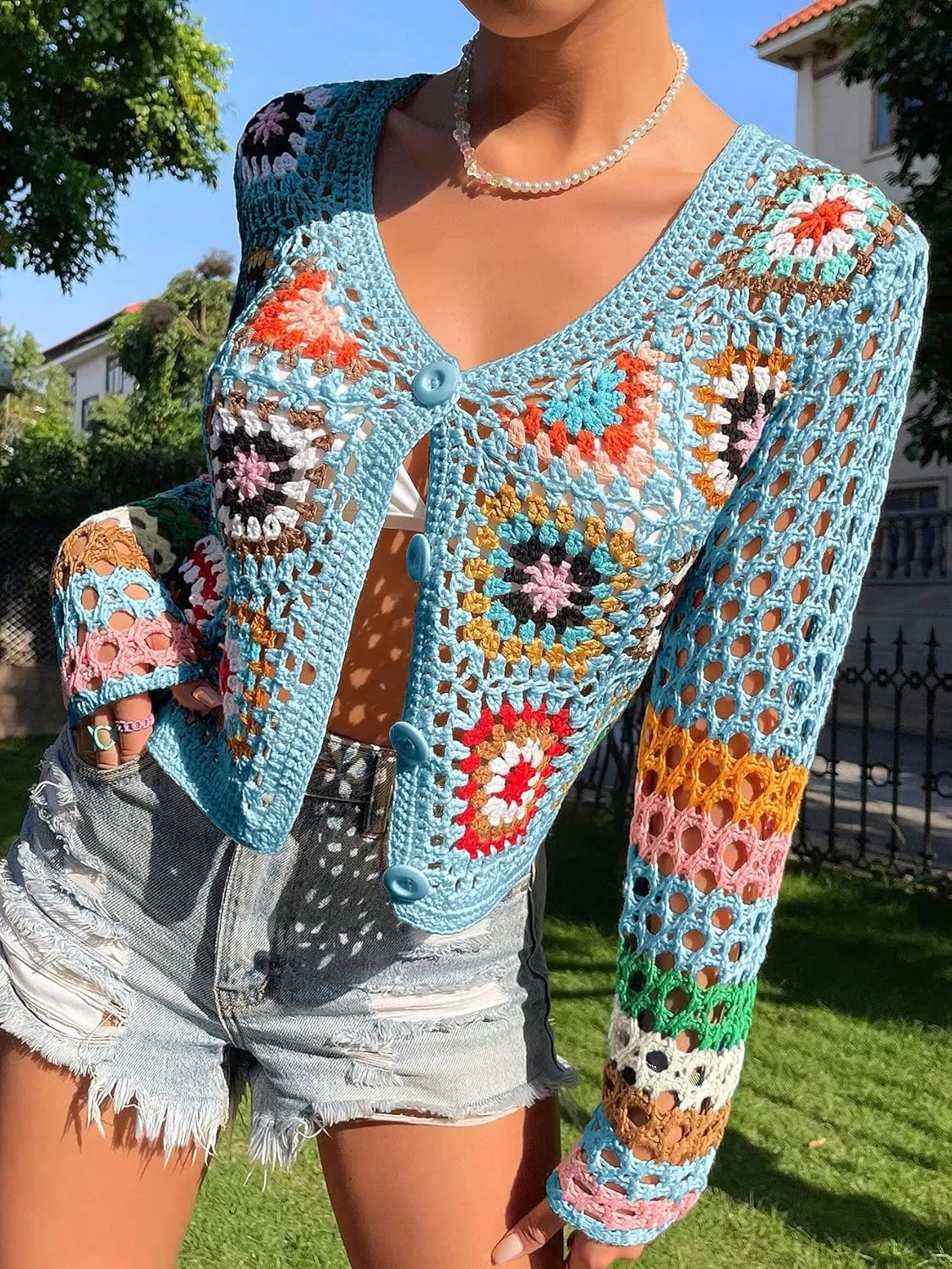 SHENHE Women's Floral Crochet Cardigan Hollow Out V Neck Button Down Long Sleeve Cropped Sweater
