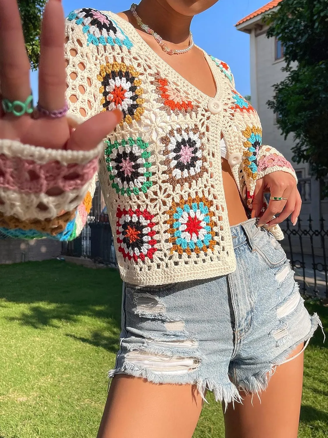 SHENHE Women's Floral Crochet Cardigan Hollow Out V Neck Button Down Long Sleeve Cropped Sweater