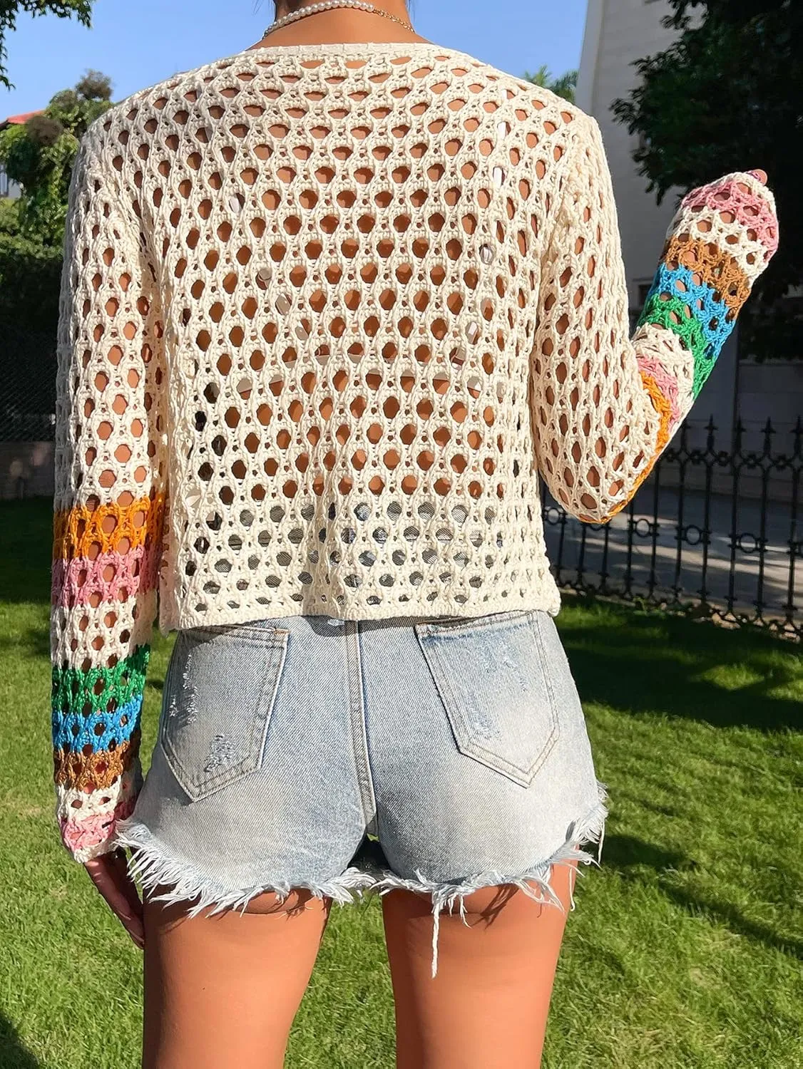 SHENHE Women's Floral Crochet Cardigan Hollow Out V Neck Button Down Long Sleeve Cropped Sweater