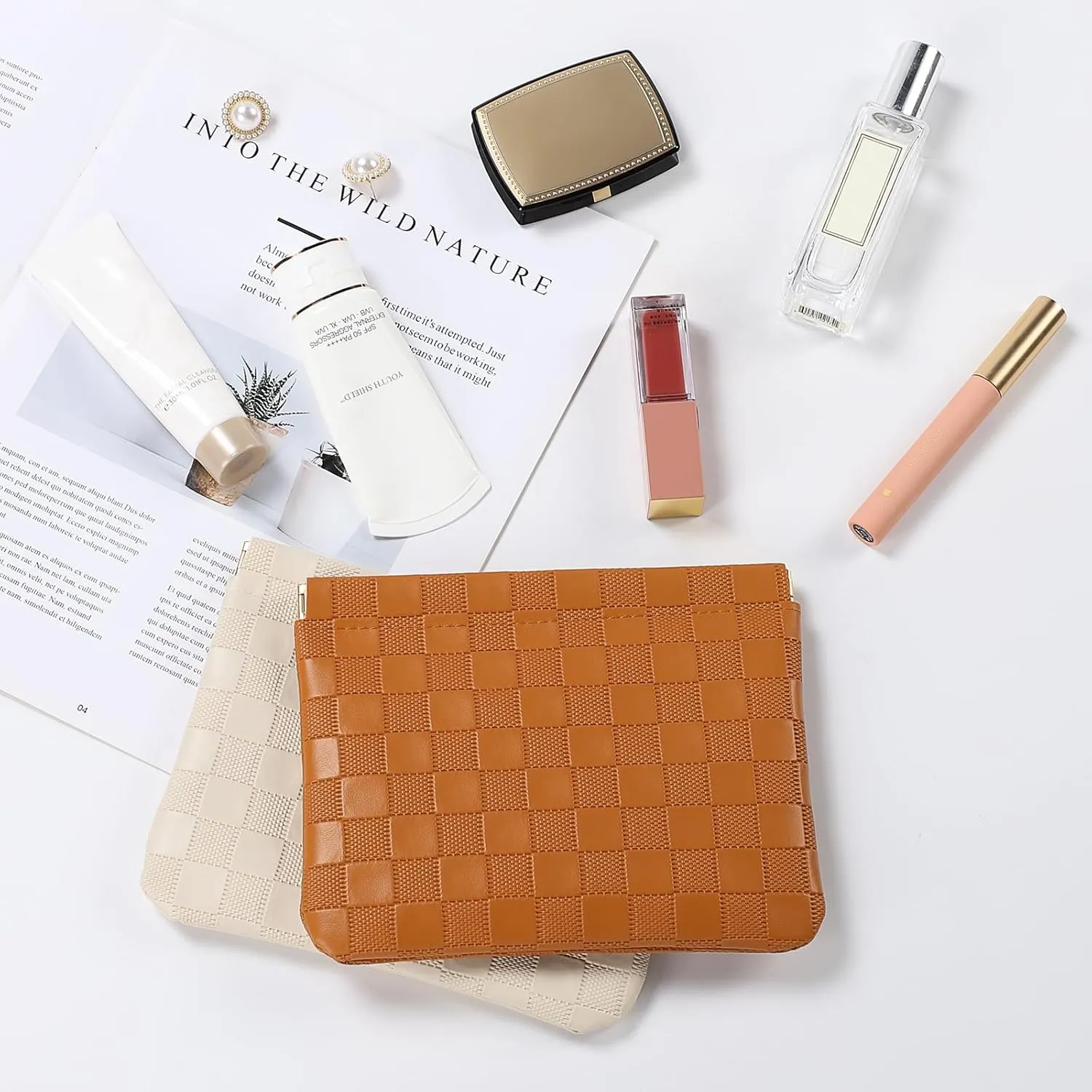 Sightor 2PCS Pocket Cosmetic Bag for Purse, Checkered Makeup Bag Portable Leather Cosmetic Bag for Women, Coin Purse Lipstick Cosmetic Accessories Organizer Travel Cosmetic Pouch (Brown, Beige, L)
