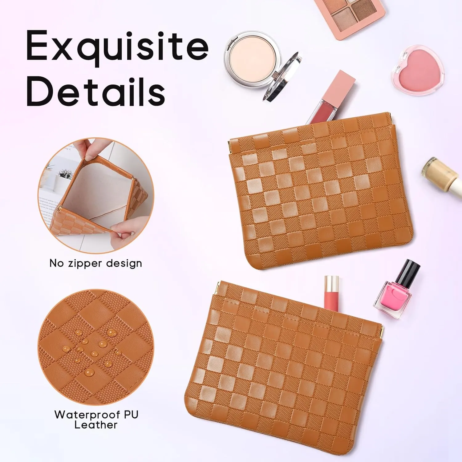 Sightor 2PCS Pocket Cosmetic Bag for Purse, Checkered Makeup Bag Portable Leather Cosmetic Bag for Women, Coin Purse Lipstick Cosmetic Accessories Organizer Travel Cosmetic Pouch (Brown, Beige, L)