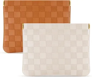 Sightor 2PCS Pocket Cosmetic Bag for Purse, Checkered Makeup Bag Portable Leather Cosmetic Bag for Women, Coin Purse Lipstick Cosmetic Accessories Organizer Travel Cosmetic Pouch (Brown, Beige, L)