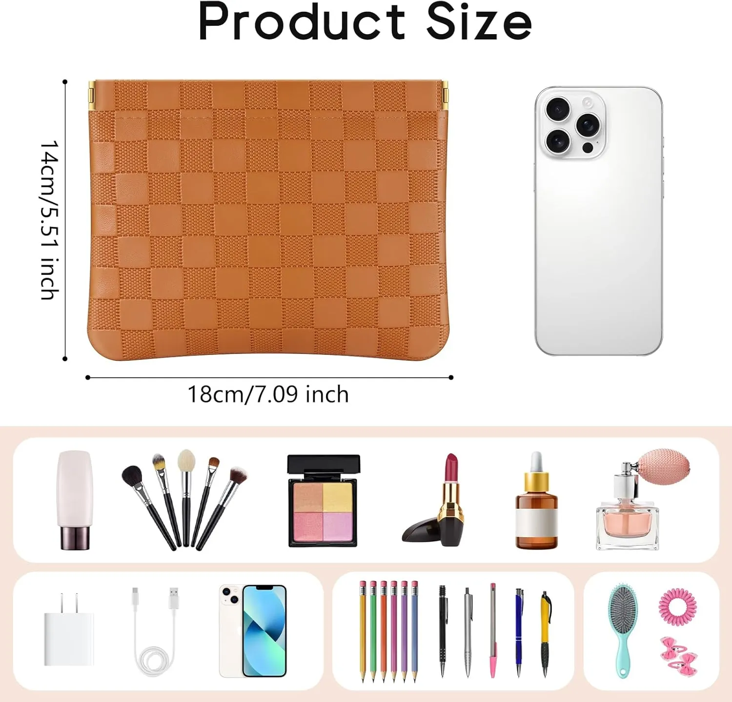 Sightor 2PCS Pocket Cosmetic Bag for Purse, Checkered Makeup Bag Portable Leather Cosmetic Bag for Women, Coin Purse Lipstick Cosmetic Accessories Organizer Travel Cosmetic Pouch (Brown, Beige, L)