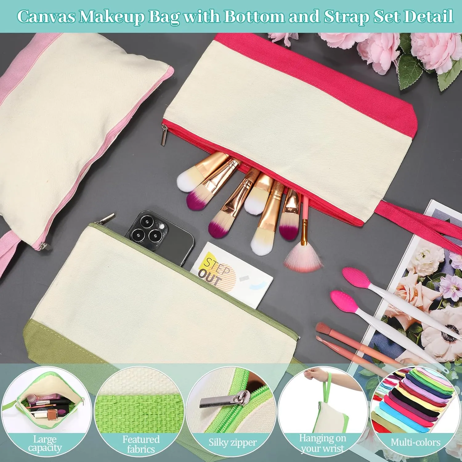 Silkfly 30 Pcs Canvas Makeup Bags Bulk Pencil Case Cotton Cosmetic Pouch with Zipper Bottom Blank Inspirational Travel Pouch Multi Purpose Toiletry Bags for Women(Multicolor,Cute)