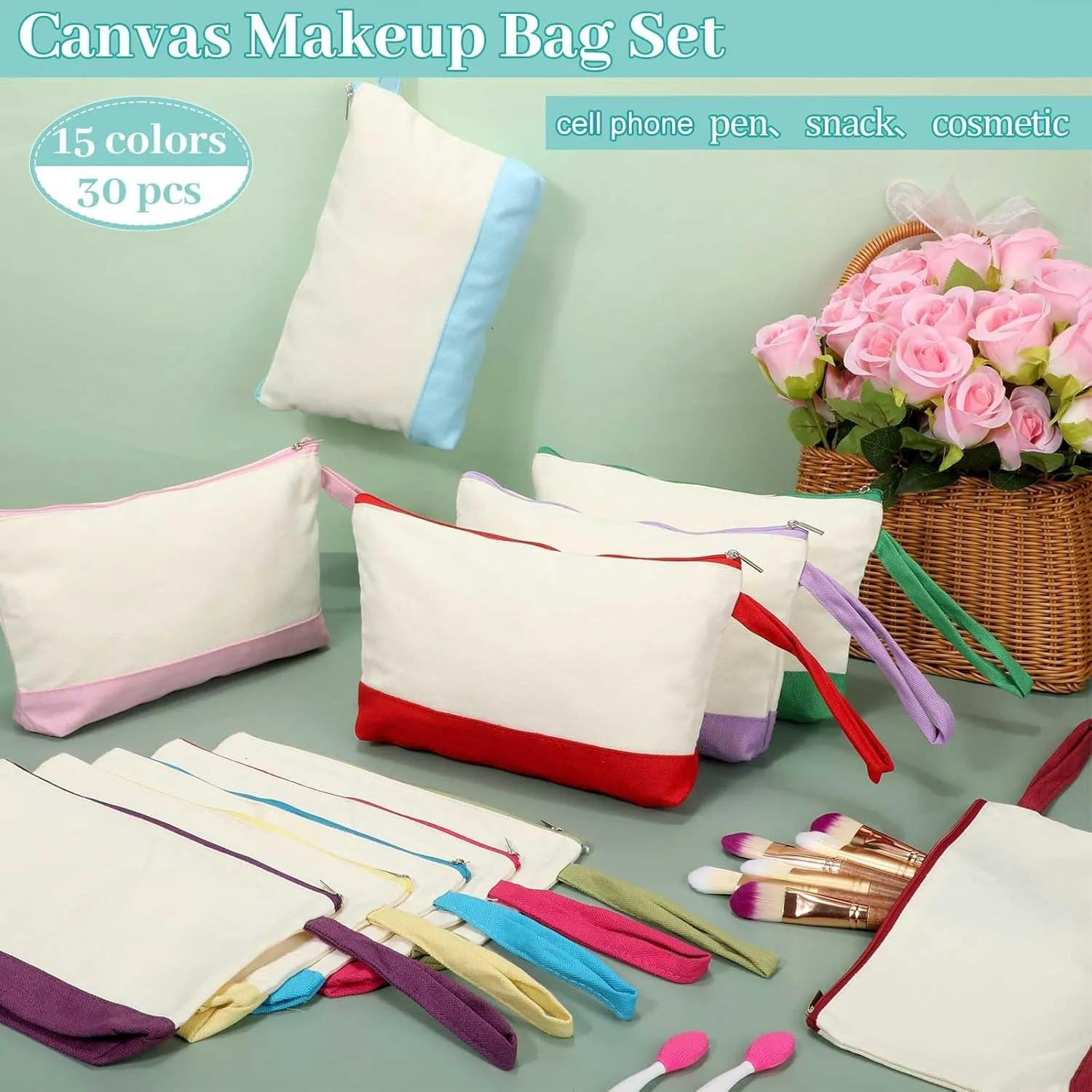 Silkfly 30 Pcs Canvas Makeup Bags Bulk Pencil Case Cotton Cosmetic Pouch with Zipper Bottom Blank Inspirational Travel Pouch Multi Purpose Toiletry Bags for Women(Multicolor,Cute)