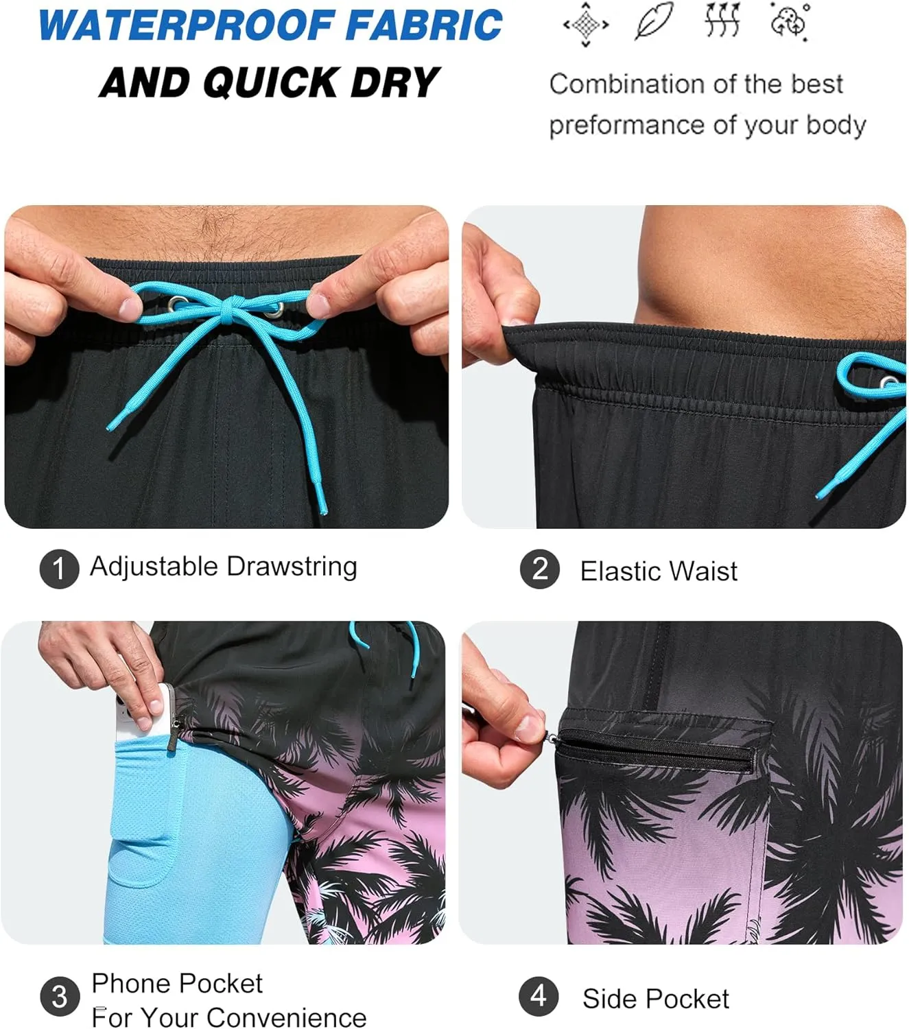 SILKWORLD Mens Swim Trunks with Compression Liner 9 Inch Long Bathing Suit 2 in 1 Beach Quick Dry Shorts with Pockets