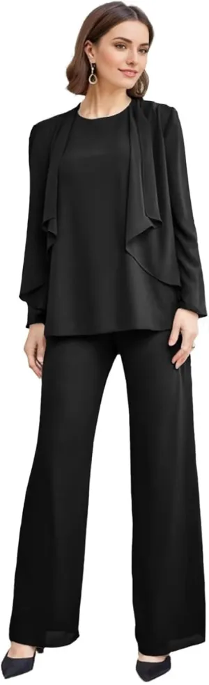 SIPUHK 3 Piece Mother of The Bride Pantsuits with Jackets Chiffon Long Sleeve Classy Formal Pant Suits for Women Dressy