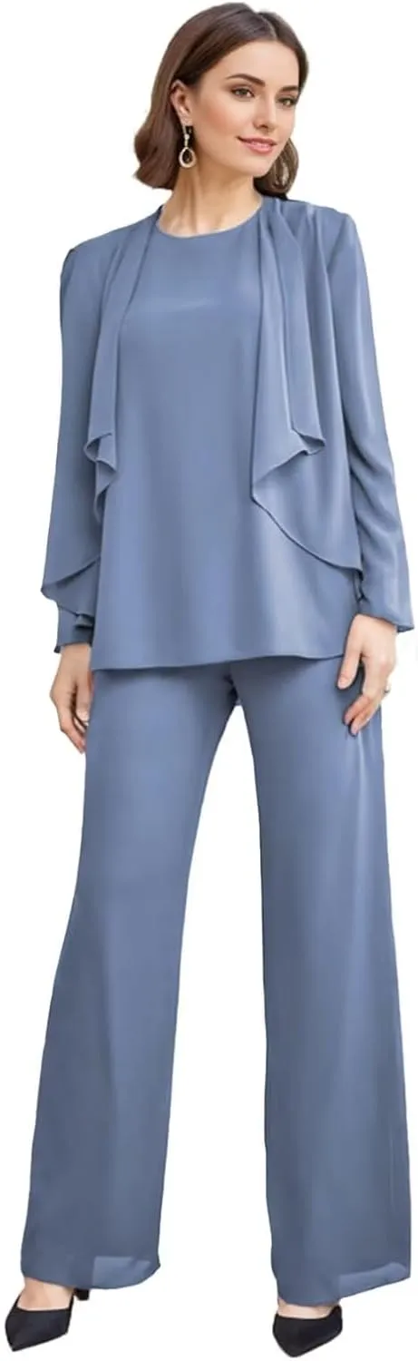 SIPUHK 3 Piece Mother of The Bride Pantsuits with Jackets Chiffon Long Sleeve Classy Formal Pant Suits for Women Dressy
