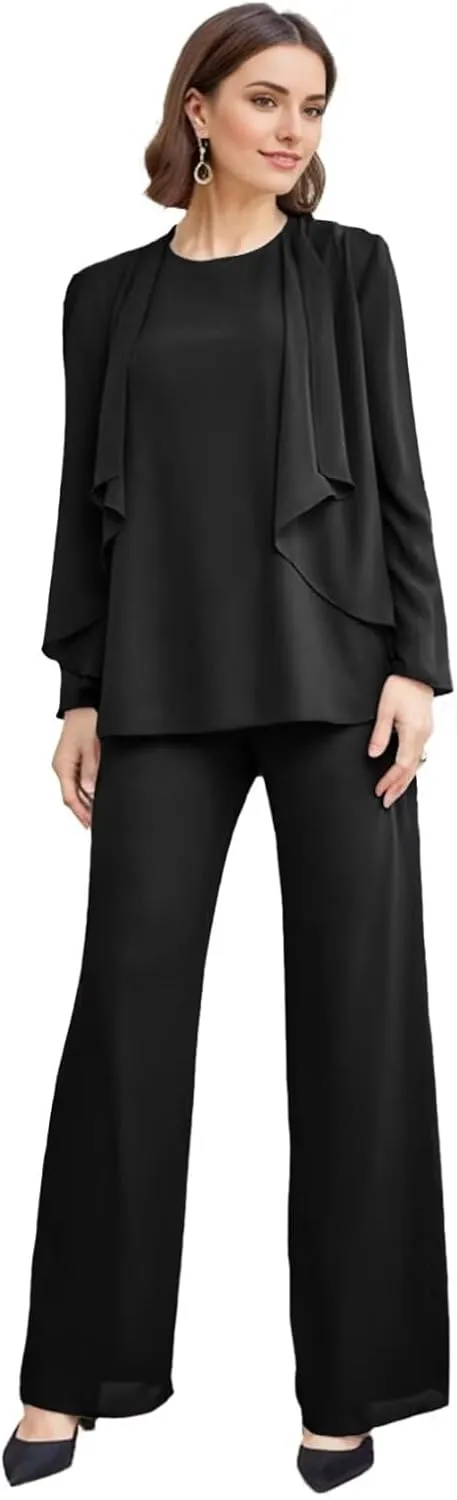SIPUHK 3 Piece Mother of The Bride Pantsuits with Jackets Chiffon Long Sleeve Classy Formal Pant Suits for Women Dressy