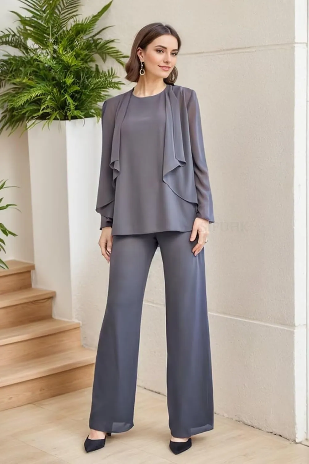 SIPUHK 3 Piece Mother of The Bride Pantsuits with Jackets Chiffon Long Sleeve Classy Formal Pant Suits for Women Dressy
