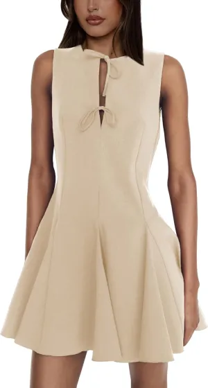 Sleeveless A Line Mini Dress for Women Summer Tie Front Club Party Bow Short Dresses