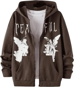 SOLY HUX Men's Graphic Zip Up Hoodies Streetwear Jacket Letter Print Long Sleeve Sweatshirt with Pocket