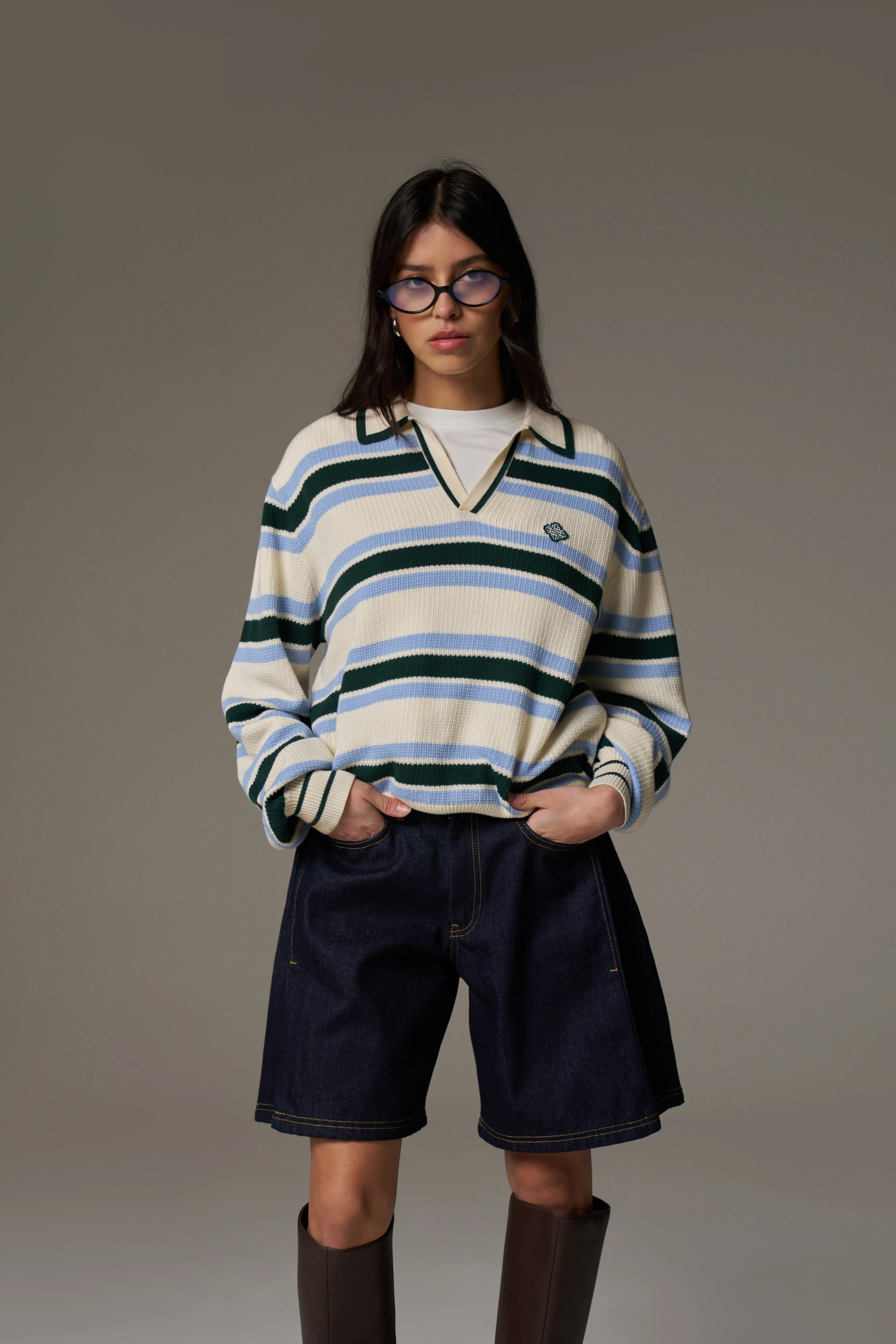 STRIPE KNITTED POLO SWEATSHIRT - OFF WHITE