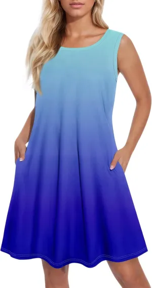 Summer Dresses for Women 2025 Casual Crewneck Sleeveless Sundresses Boho Tank Dress Beach Dresses with Pockets