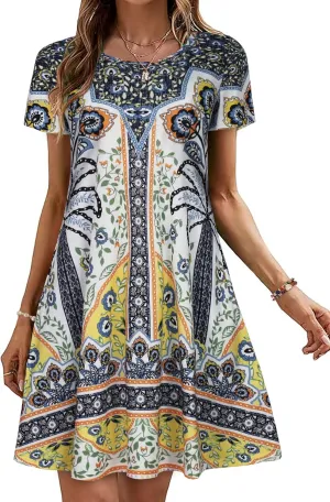 Summer Dresses for Women Casual Tshirt Short Sleeve Floral Sundress Beach Cover Ups with Pockets