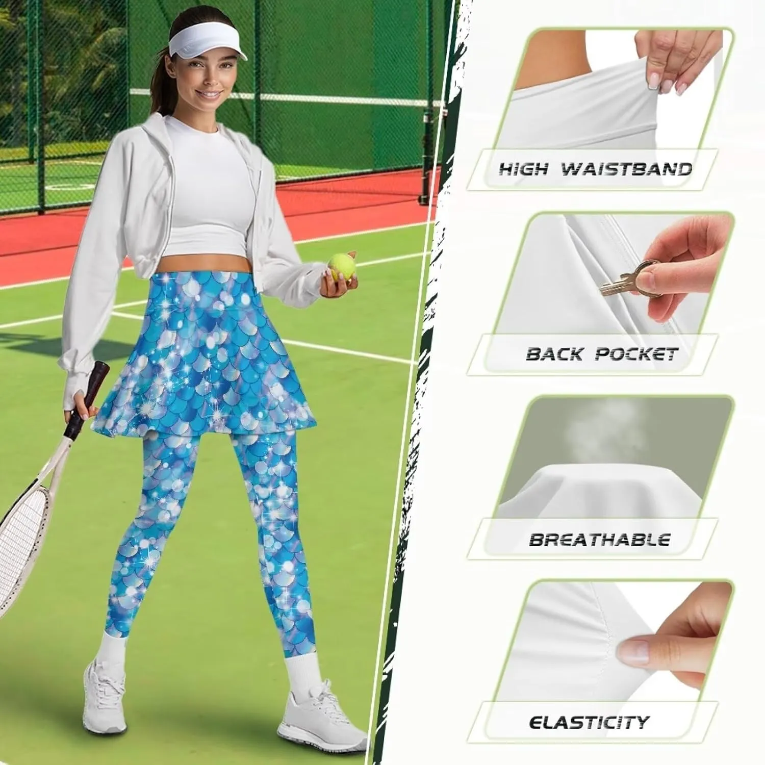 Suobstales Skirted Leggings with Pockets, High Waisted Tennis Yoga Pleated Skirt with Capris Leggings for Women Ladies