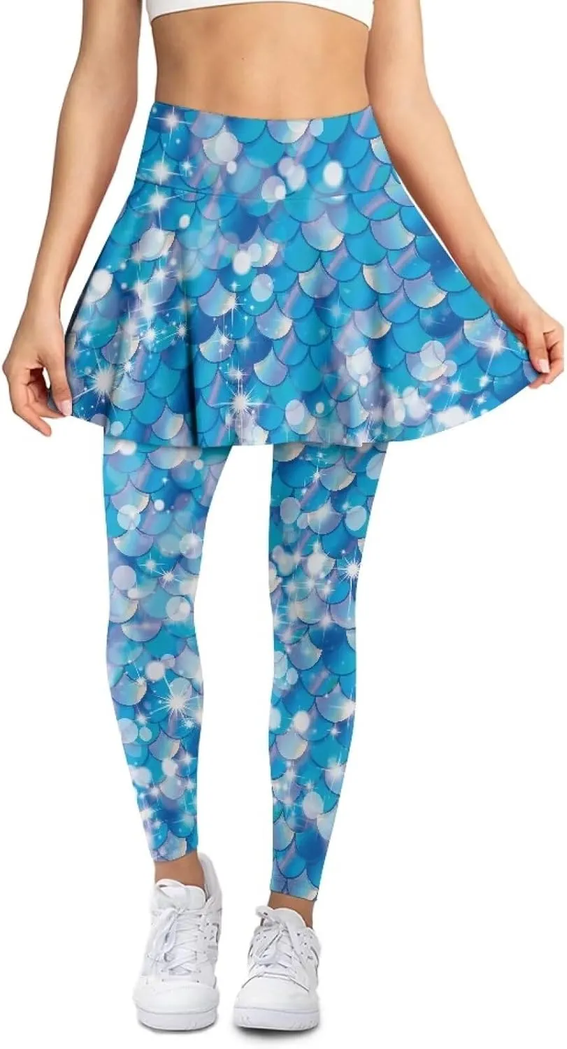 Suobstales Skirted Leggings with Pockets, High Waisted Tennis Yoga Pleated Skirt with Capris Leggings for Women Ladies