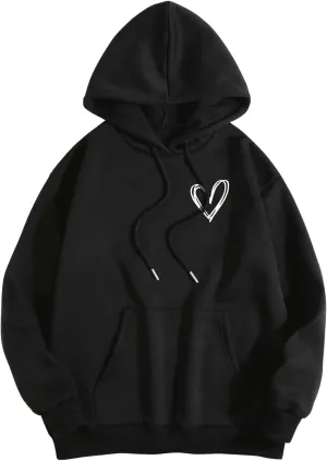 SweatyRocks Women's Casual Heart Print Long Sleeve Pullover Hoodie Sweatshirt Tops