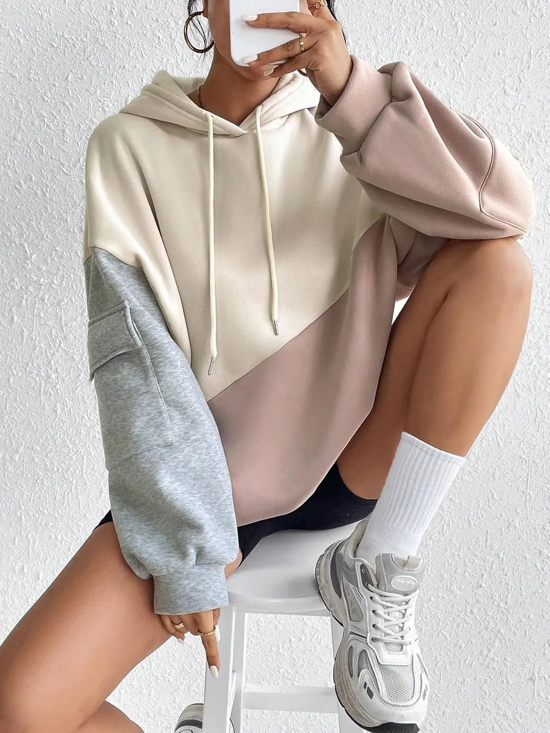 SweatyRocks Women's Colorblock Drawstring Long Sleeve Drop Shoulder Hooded Oversized Fashion Trendy Sweatshirts Hoodies