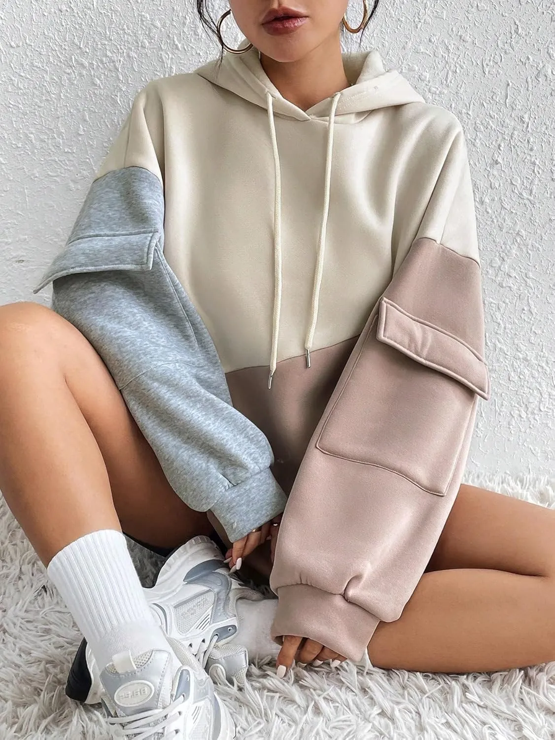 SweatyRocks Women's Colorblock Drawstring Long Sleeve Drop Shoulder Hooded Oversized Fashion Trendy Sweatshirts Hoodies