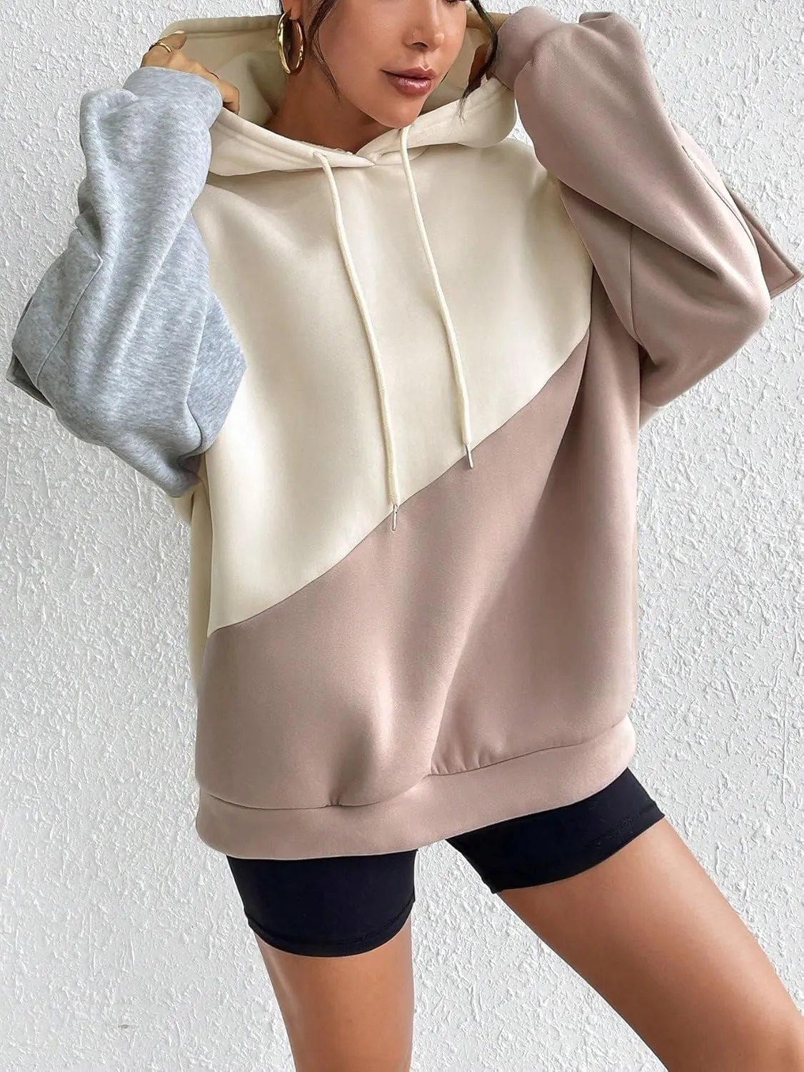 SweatyRocks Women's Colorblock Drawstring Long Sleeve Drop Shoulder Hooded Oversized Fashion Trendy Sweatshirts Hoodies