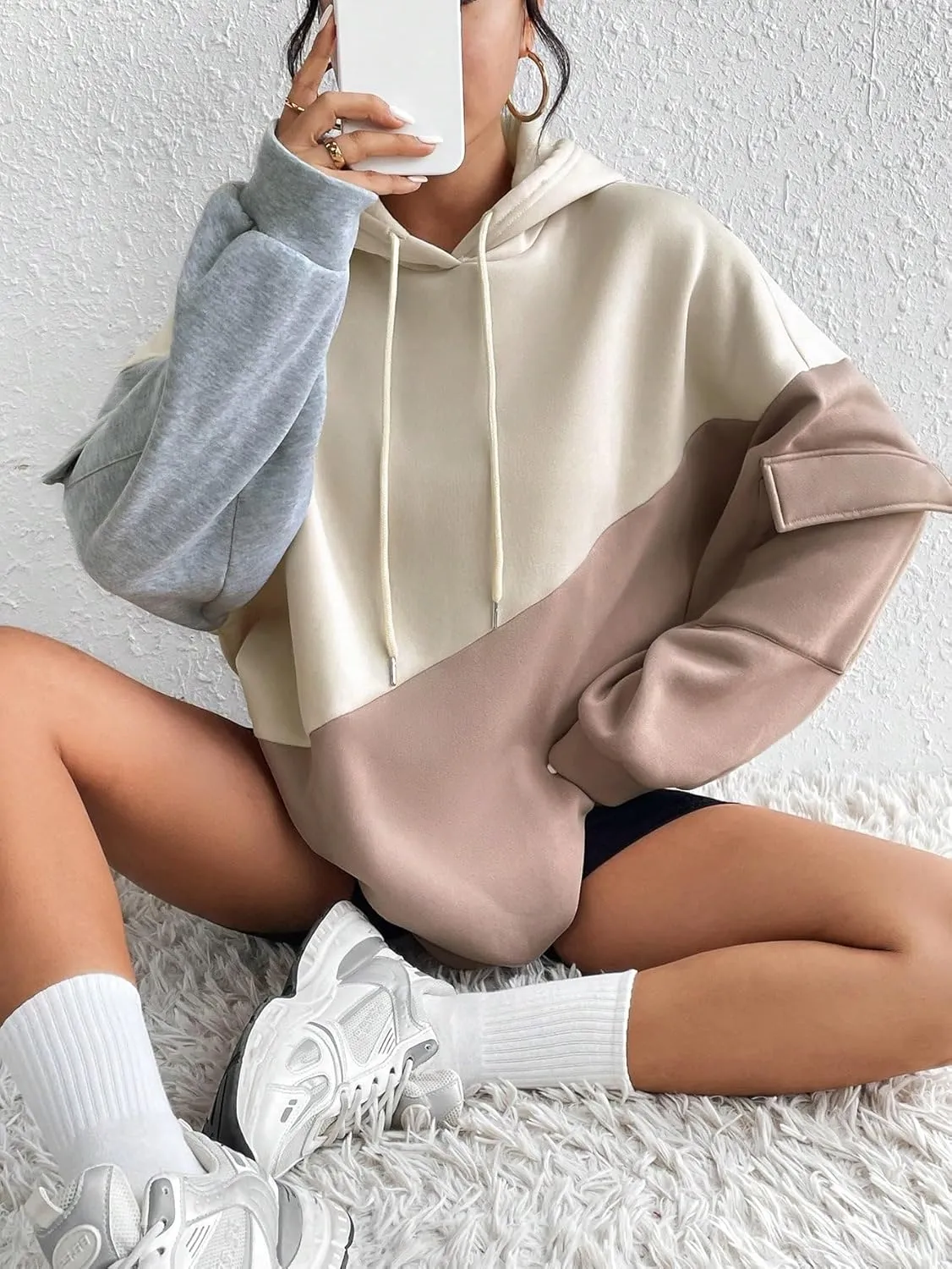 SweatyRocks Women's Colorblock Drawstring Long Sleeve Drop Shoulder Hooded Oversized Fashion Trendy Sweatshirts Hoodies