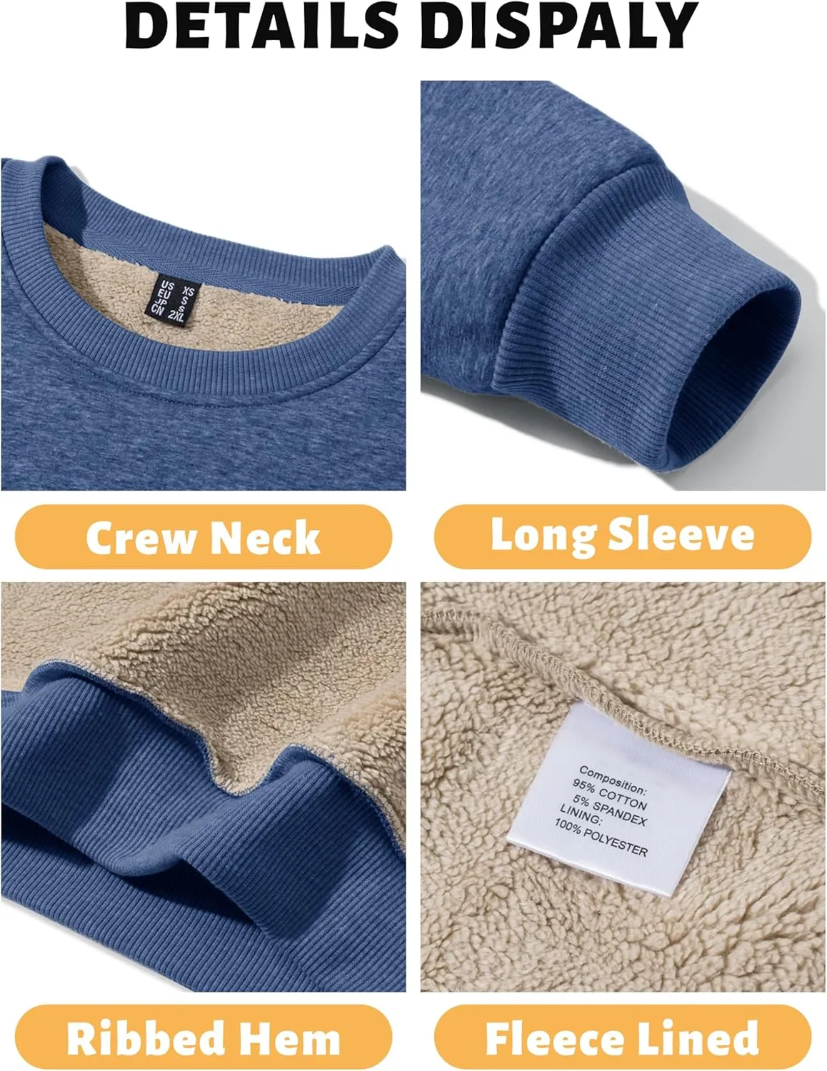 TACVASEN Men's Crewneck Sweatshirt Warm Sherpa Lined Sweatshirts Heavyweight Long Sleeve Underwear Winter Fleece Pullover
