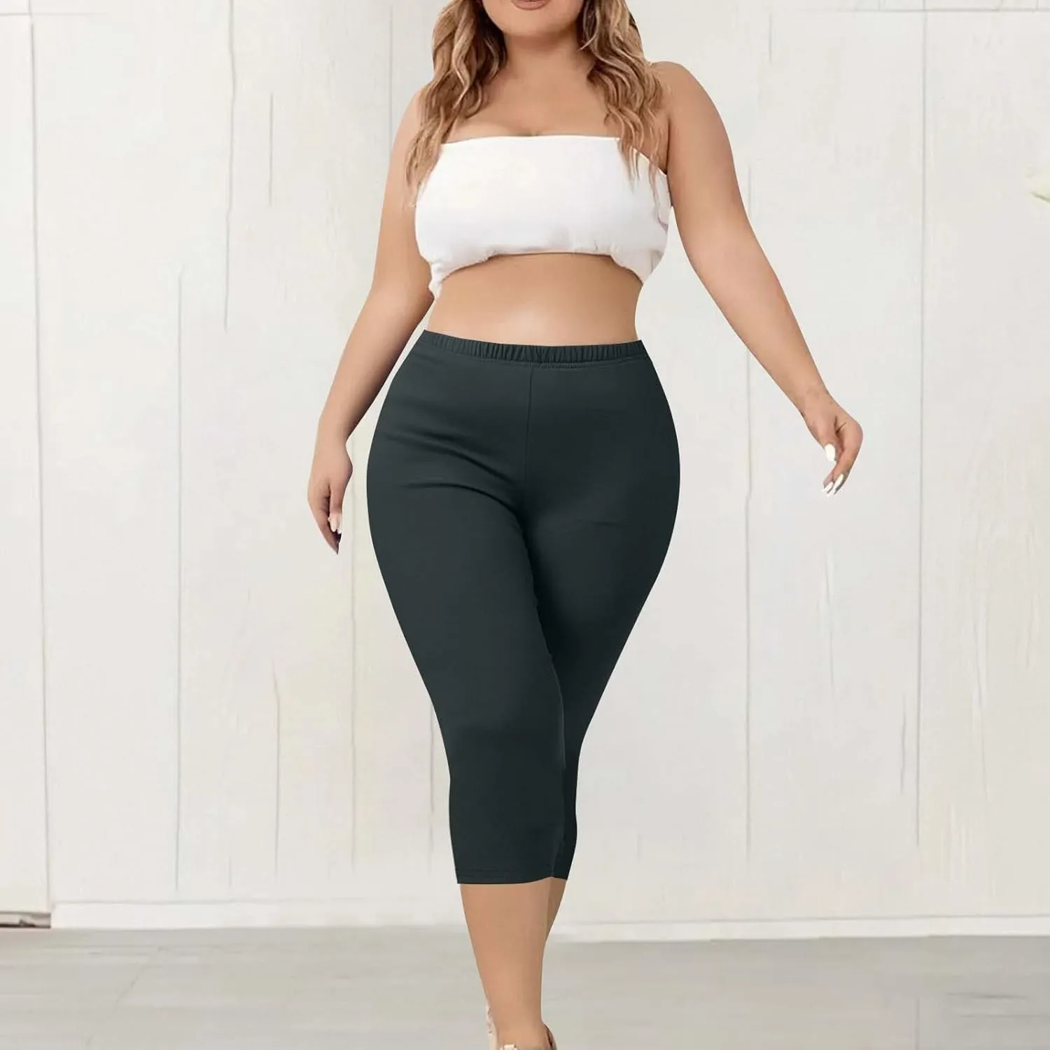TANGNADE Women Capri Pants Plus Size Stretch Knee Length Leggings Elastic Waist Casual Summer Ladies Pull On Capris
