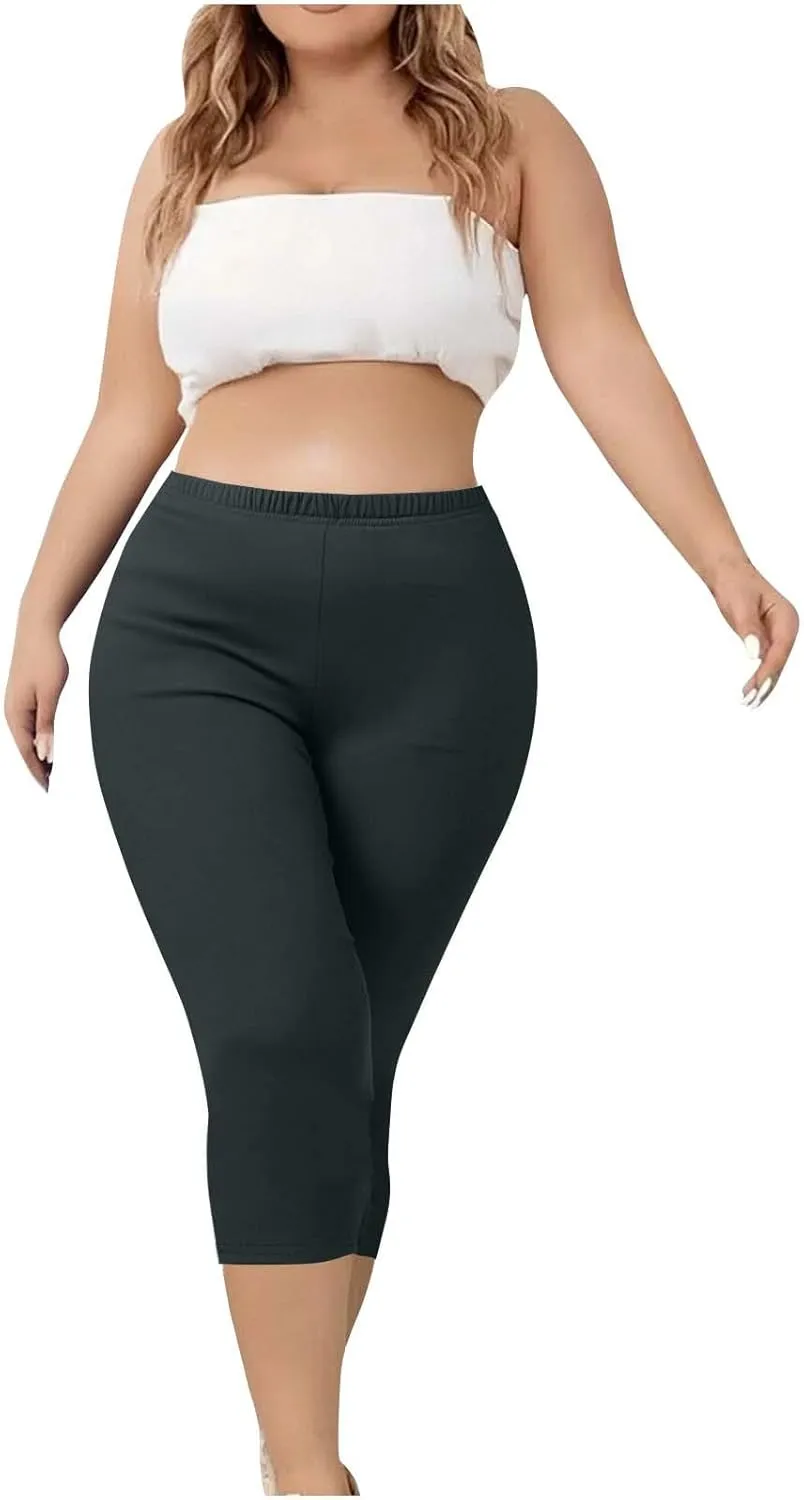TANGNADE Women Capri Pants Plus Size Stretch Knee Length Leggings Elastic Waist Casual Summer Ladies Pull On Capris