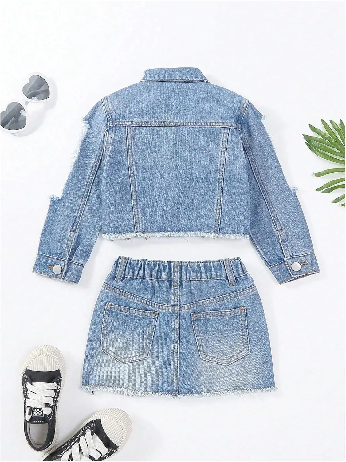 Toddler Girls 2 Piece Ripped Denim Outfit Button Up Long Sleeve Jacket and Mini Jean Skirt Set