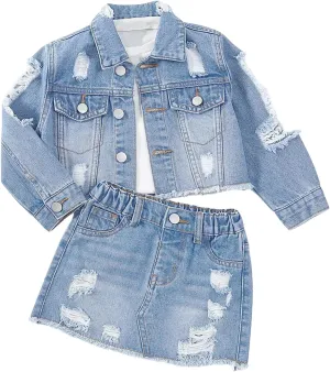 Toddler Girls 2 Piece Ripped Denim Outfit Button Up Long Sleeve Jacket and Mini Jean Skirt Set