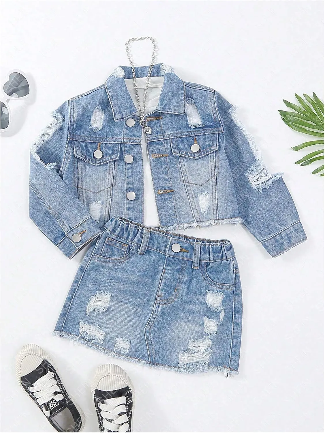 Toddler Girls 2 Piece Ripped Denim Outfit Button Up Long Sleeve Jacket and Mini Jean Skirt Set