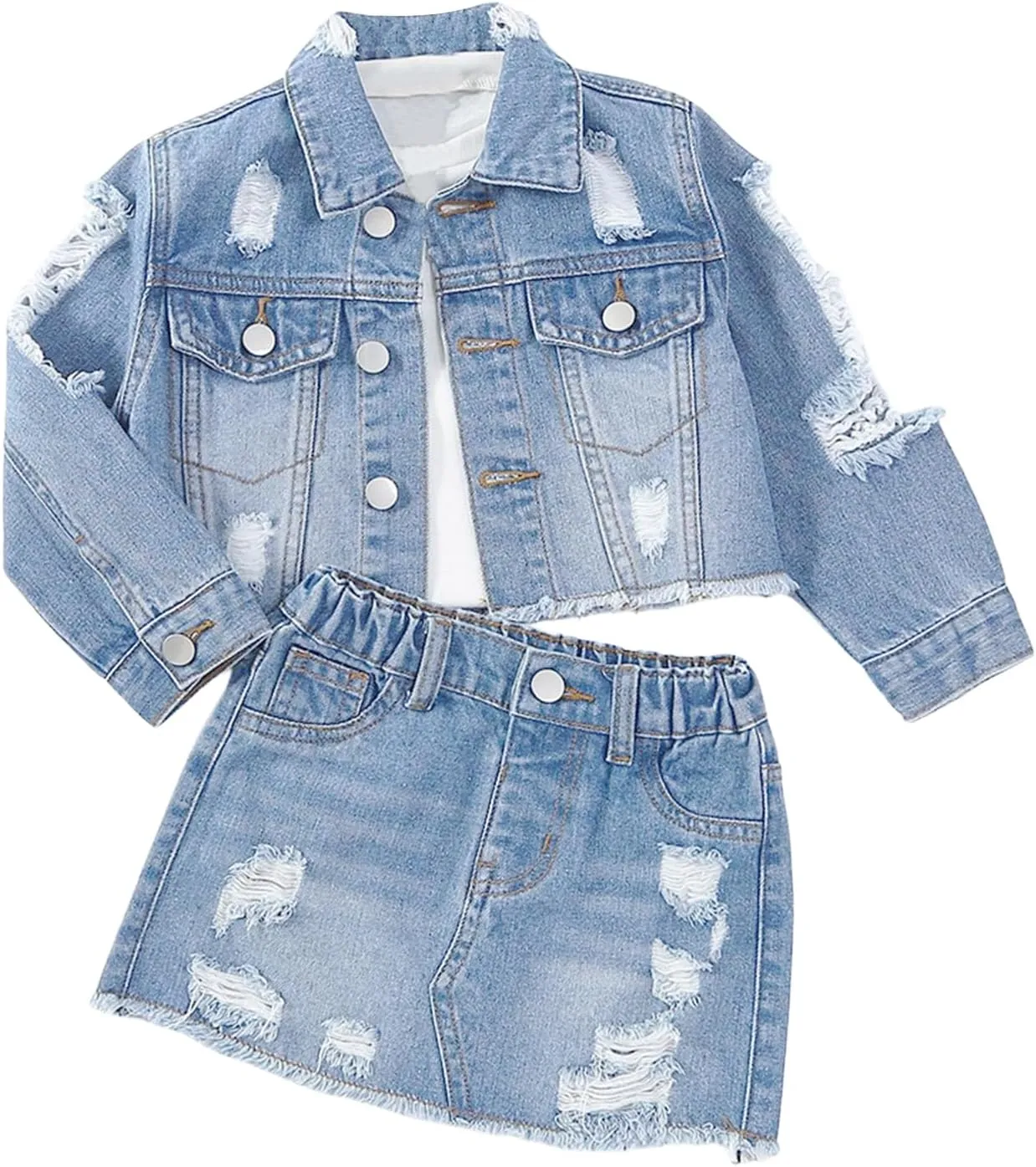 Toddler Girls 2 Piece Ripped Denim Outfit Button Up Long Sleeve Jacket and Mini Jean Skirt Set