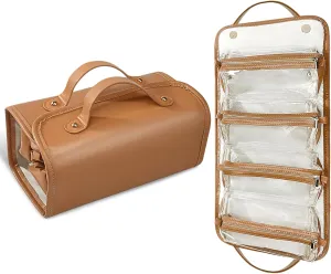 Toiletry Bag for Women, Travel Makeup Bag,Portable 4-in-1 Foldable Cosmetic Bag Detachable Pouches (Brown)