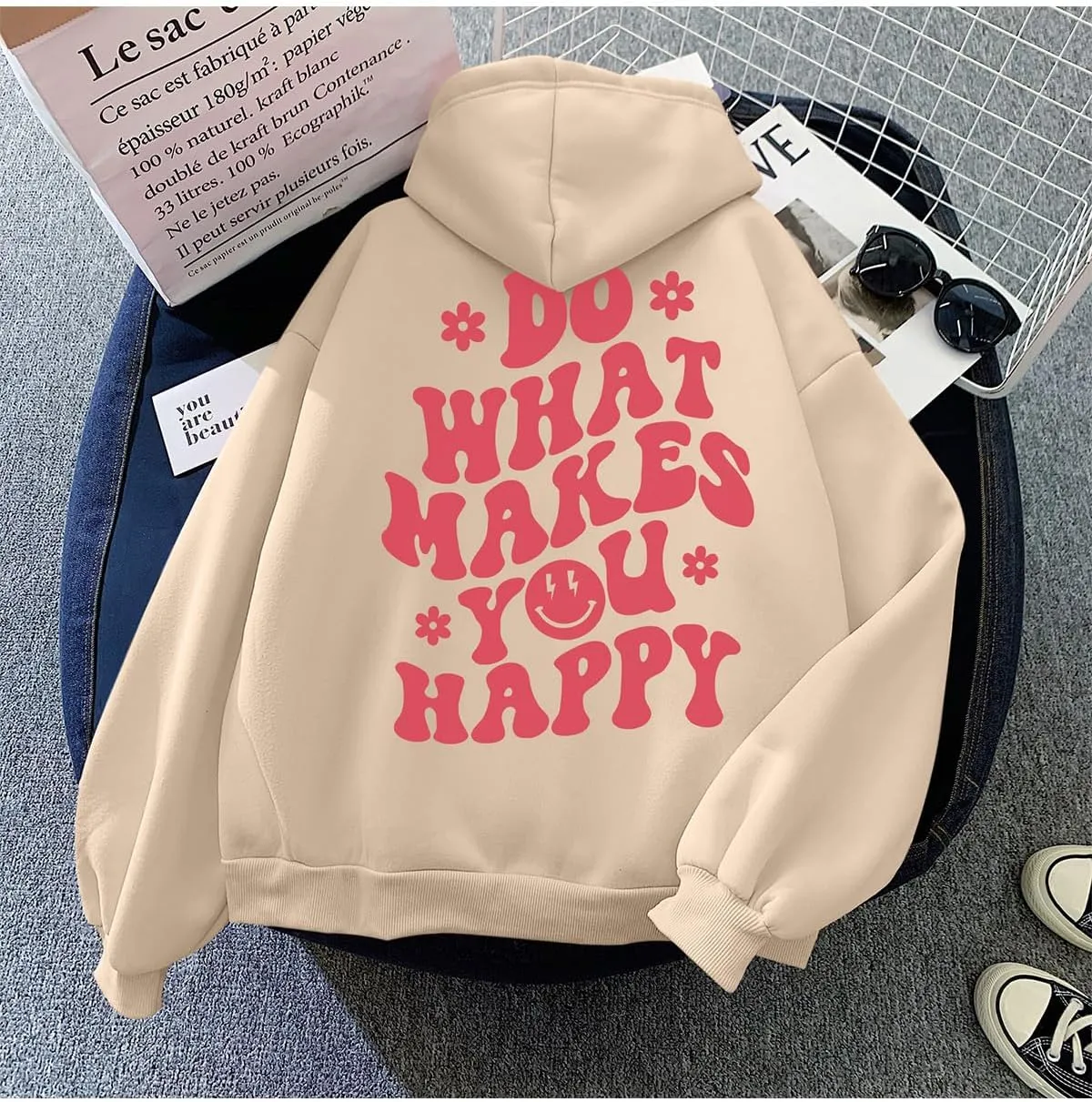Tuislay Women Cute Graphic Oversized Hoodies Sweatshirts for Teen Girls Aesthetic Y2k Preppy Fleece Happy Hooded Pullover