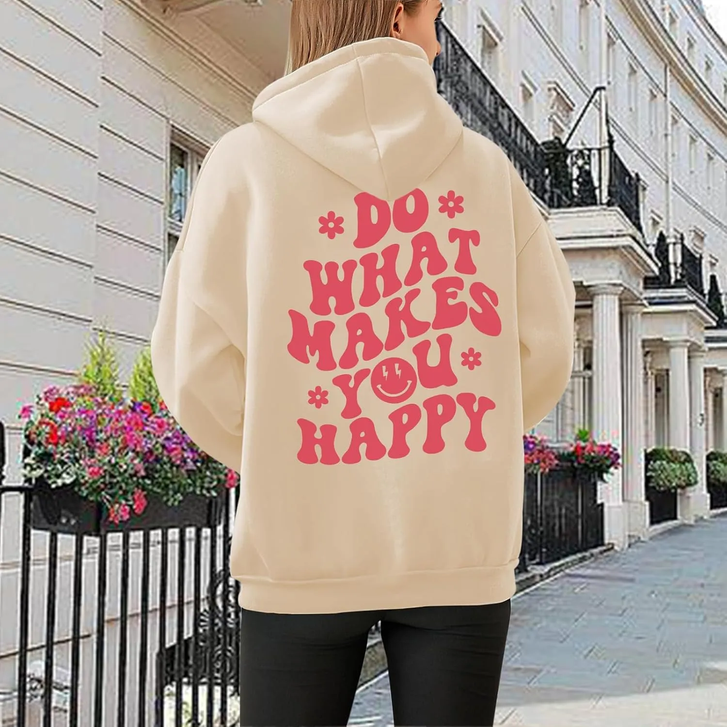 Tuislay Women Cute Graphic Oversized Hoodies Sweatshirts for Teen Girls Aesthetic Y2k Preppy Fleece Happy Hooded Pullover