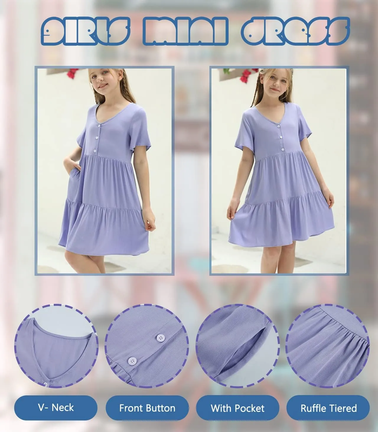 Tymidy Girls Casual Dress Summer Button V Neck Short Sleeve Ruffle Hem Flowy Swing Mini Dresses