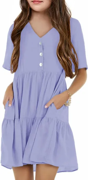 Tymidy Girls Casual Dress Summer Button V Neck Short Sleeve Ruffle Hem Flowy Swing Mini Dresses