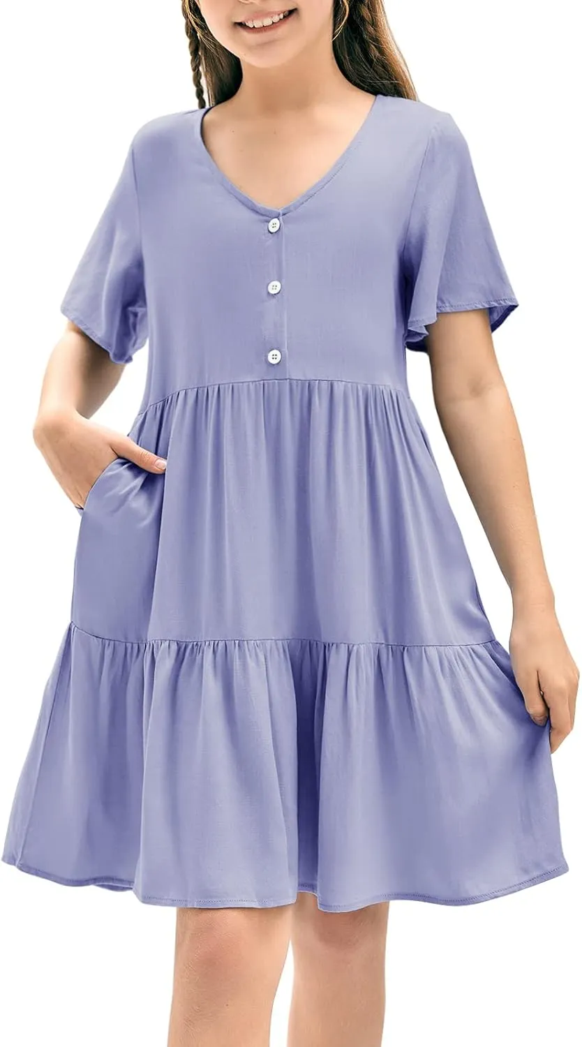Tymidy Girls Casual Dress Summer Button V Neck Short Sleeve Ruffle Hem Flowy Swing Mini Dresses