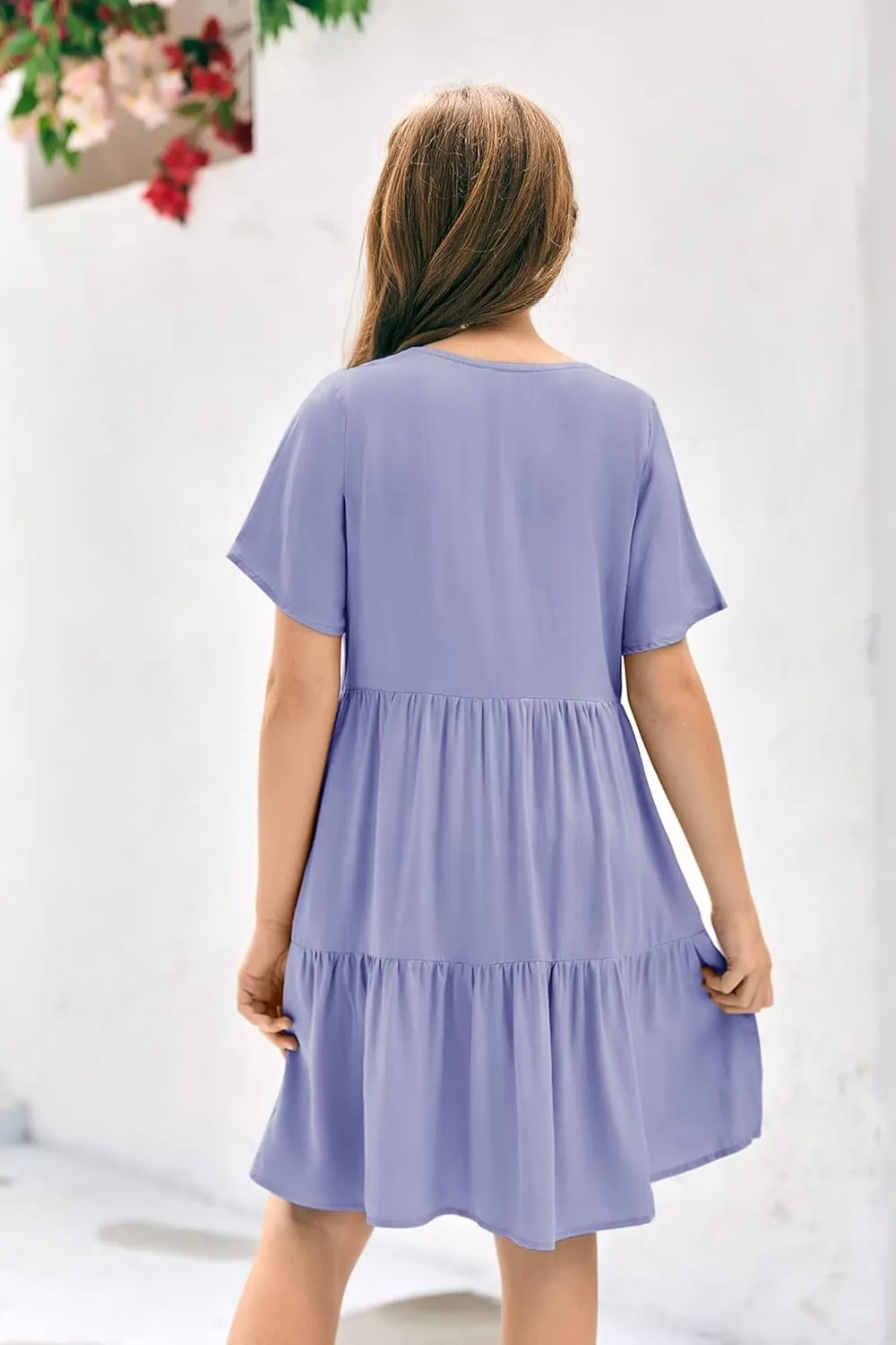 Tymidy Girls Casual Dress Summer Button V Neck Short Sleeve Ruffle Hem Flowy Swing Mini Dresses