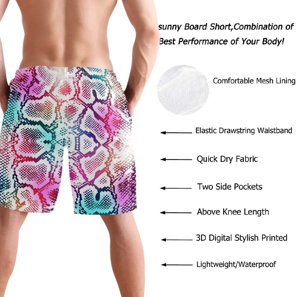 visesunny Fashion Funny Style Men's Beach Shorts Swim Trunks Quick Dry Casual Polyester Swim Shorts with Pockets S-XXL
